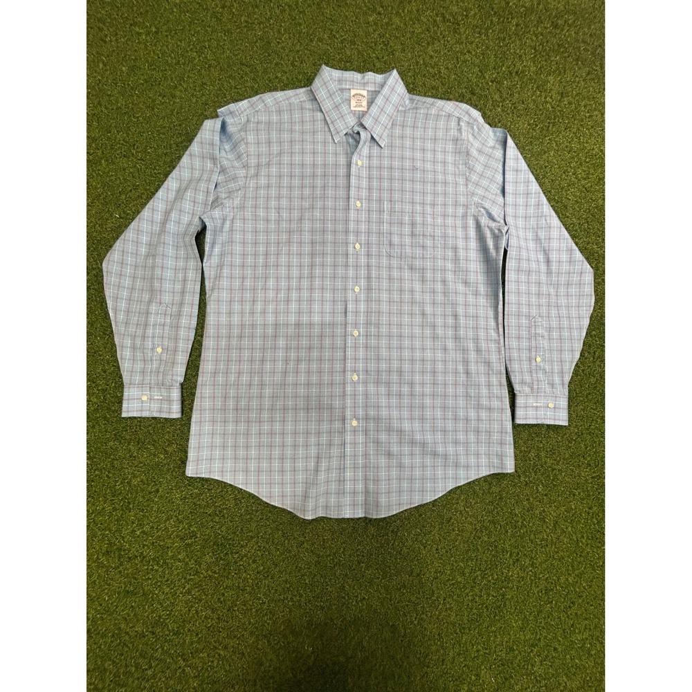 Brooks Brothers Regent Non-Iron Cotton Plaid Dress Shirt Blue Red 17 6/7